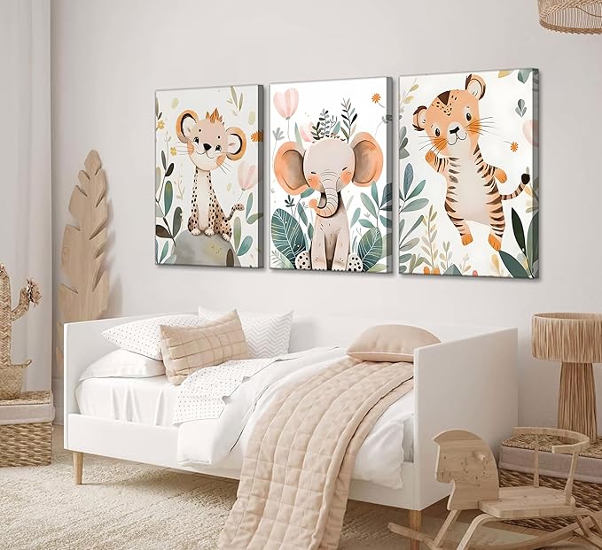 3 Pcs Safari Animals Nursery Canvas Wall Art Jungle Animals Cheetah Elephant