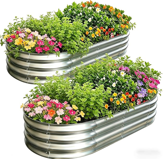 Galvanized Raised Garden Bed Kit, Planter Garden Boxes Outdoor, Oval Large Metal for Vegetables Fruits, Flowers Planter Boxes, Easy Assembly Garden Bed Kit (Silver, 6Ã3Ã1FT (2-Pack)