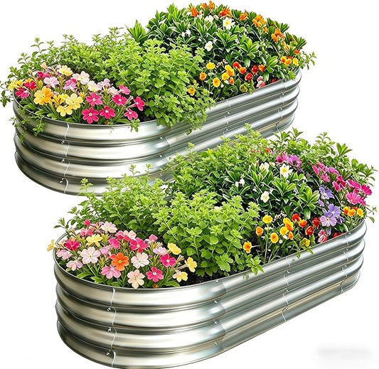Galvanized Raised Garden Bed Kit, Planter Garden Boxes Outdoor, Oval Large Metal for Vegetables Fruits, Flowers Planter Boxes, Easy Assembly Garden Bed Kit (Silver, 6Ã3Ã1FT (2-Pack)