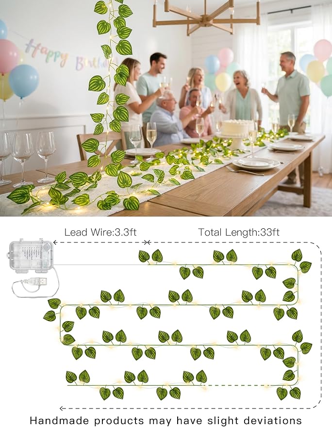 suddus Vines with Fairy Lights Battery & USB Powered Operated, 33ft 100 LED