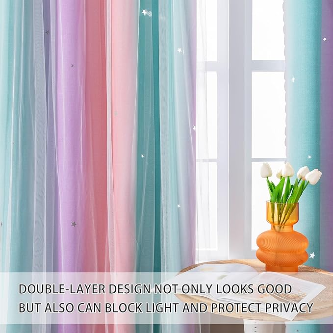 XiDi Curtains for Bedroom Decor, Kids Room Curtains for Girls Rainbow Colour