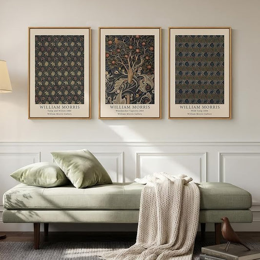 Framed Vintage William Morris Canvas Wall Art Set of 3, Nature Rustic Botanical
