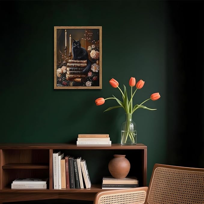 Vintage Dark Academia Framed Wall Art, Victorian Black Cat Floral Canvas Prints
