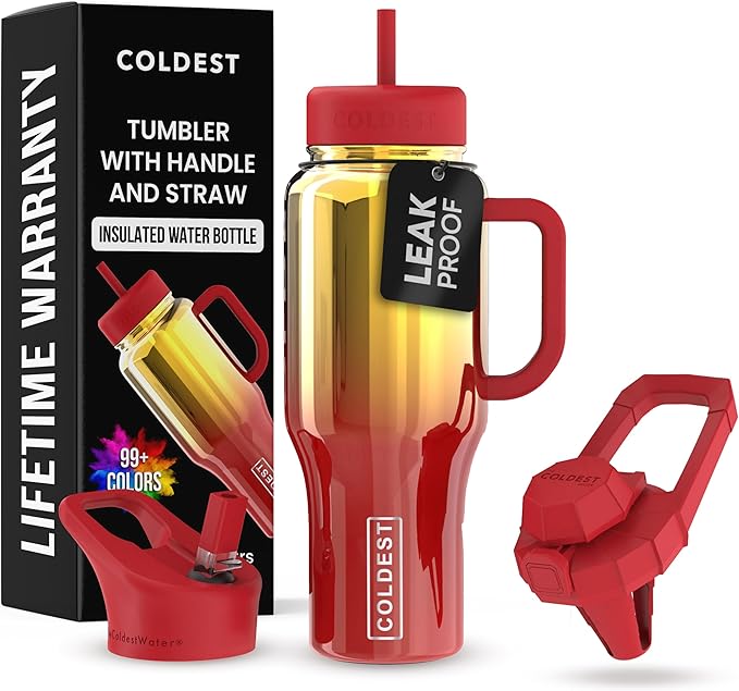 Coldest Tumbler with Handle and Straw - 100% Spill Proof Tumbler with Straw (3 Lids) - Stainless Steel Insulated Leakproof Tumblers for Women & Men - Cup Holder Friendly - 36 oz (Phoenix Nova)
