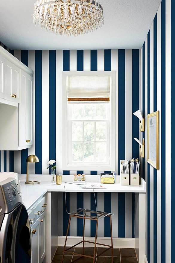 Guvana 17.7"x197" Navy Blue Wallpaper Striped Peel and Stick Wallpaper Blue and