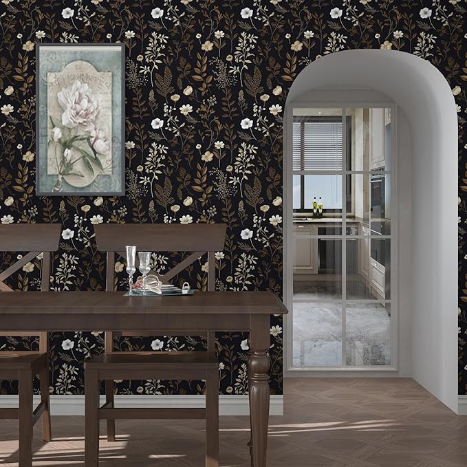 Vintage Dark Floral Wallpaper, Moody Black Leaf Botanical Removable Contact