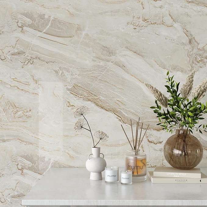 VEELIKE Glossy Beige Gold Marble Contact Paper