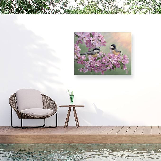 Outdoor Canvas Art - Jeff Hoff 'Spring Glow Chickadees' Wall Art for Outdoor Spaces, Patios, or Gardens by Trademark Fine Art