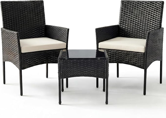 Sweetcrispy 3 Piece Patio Furniture Set, All-Weather Outdoor Wicker Bistro Set with Removable Cushions & Tempered Glass Table, Small Conversation Seating for Porch, Balcony, Deck, Backyard, Black