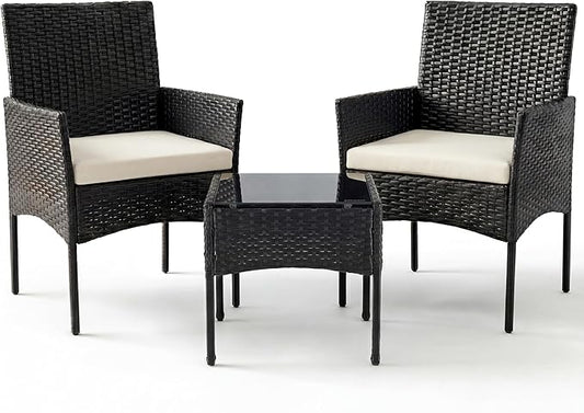 Sweetcrispy 3 Piece Patio Furniture Set, All-Weather Outdoor Conversation with Removable Cushions & Tempered Glass Table, Small Wicker Bistro Set for Balcony, Porch, Backyard, Deck, Black