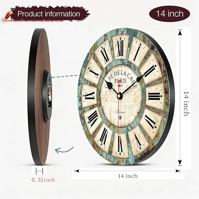 VIKMARI 14 Inch Wooden Wall Clock Battery Operated Retro Rustic Decorative Clock