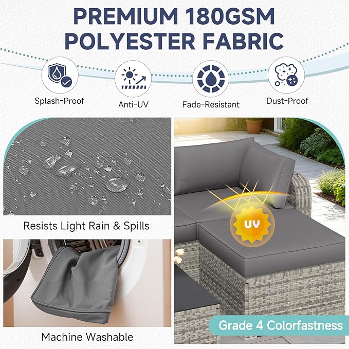 HOMREST Outdoor Couch Cushions 9-Piece Set – Water Repellent Patio Furniture Replacement Cushions for 4-Seat Rattan Wicker Sectional Conversation Set – Includes Seat & Back Cushions,Gray