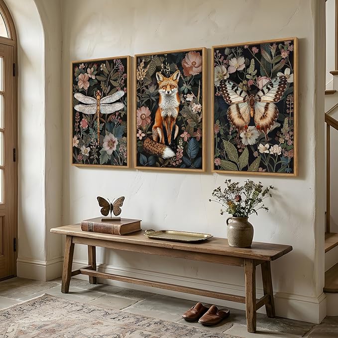 Framed Vintage Botanical Animal Wall Art Set of 3, Dark Floral Butterfly
