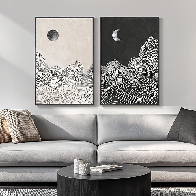 Large Framed Black and White Abstract Wall Art, Abstract Mountain and Moon