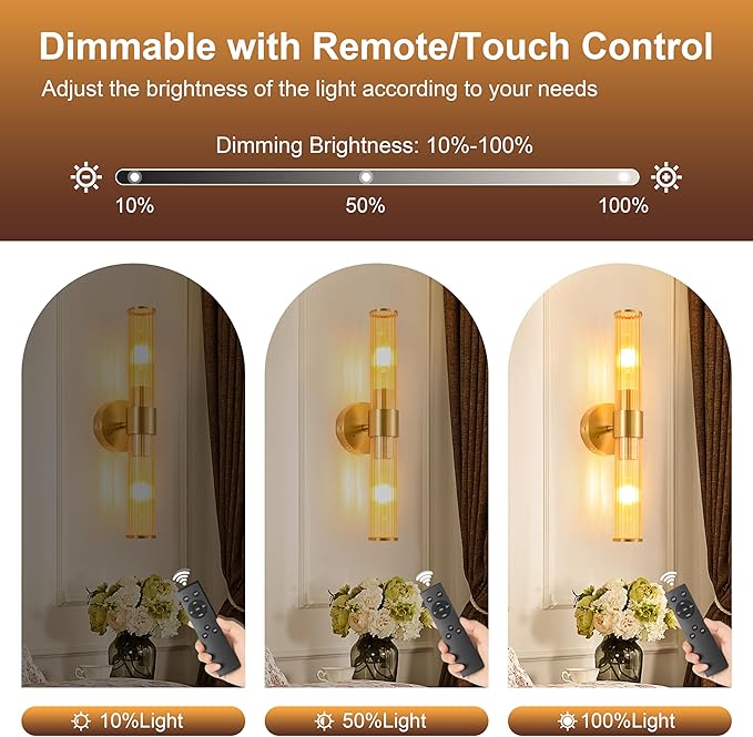 Morauroral Gold Battery Operated Wall Sconces Set of 2, Rechargeable Wall Lights