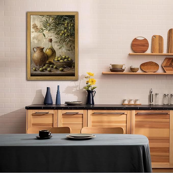 Wood Framed Olive Kitchen Wall Art, Vintage Rustic Still Life Canvas Print