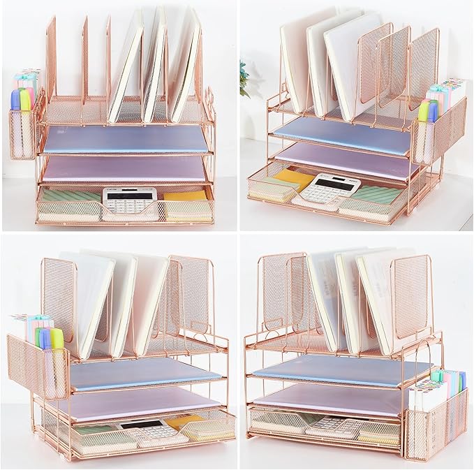 LEKETREE Desk Organizers and Accessories, 3-Tier Paper Organizer with 5 Vertical File Holders, File Organizer for Desk (Rose Gold With Drawer, 3T With Drawer)