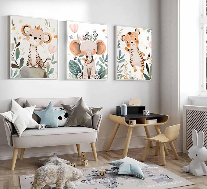 3 Pcs Safari Animals Nursery Canvas Wall Art Jungle Animals Cheetah Elephant