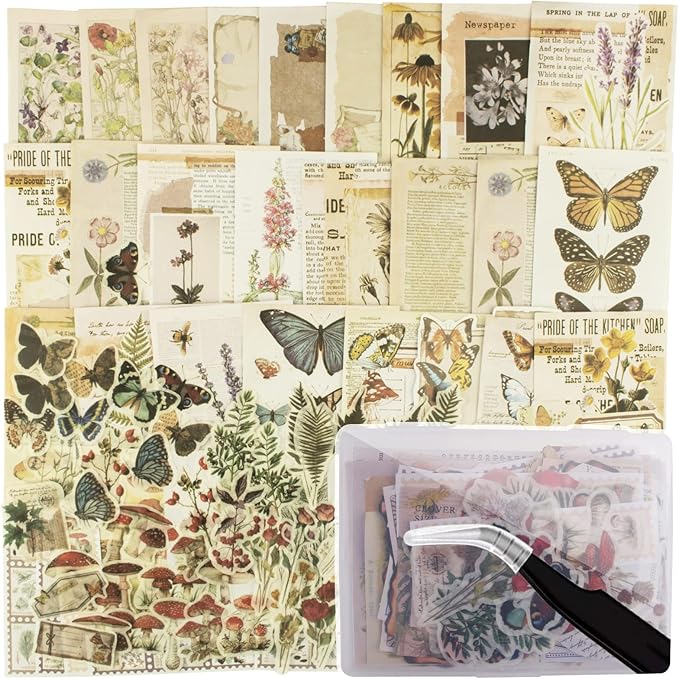 200Pcs Vintage Scrapbook Stickers, Aesthetic Junk Journal Stamping Supplies Kit, Scrapbooking Ephemera Washi Paper for Bullet Journaling Planners Diary Collage