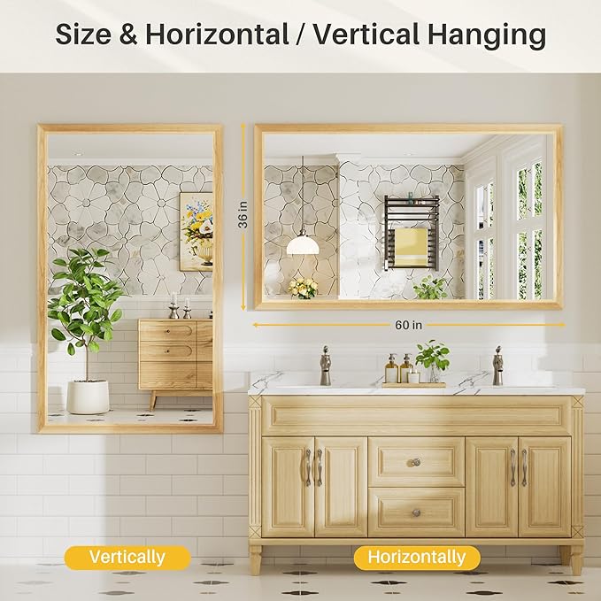 60x36 Inch Bathroom Mirror for Wall, Anti-Rust Oak Wood Grain Metal Framed