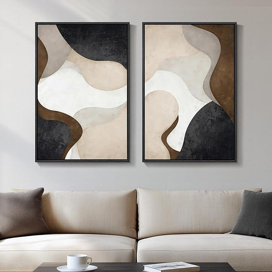 Framed Neutral Abstract Minimalist Wall Art, 2 Piece Large Modern Canvas Prints