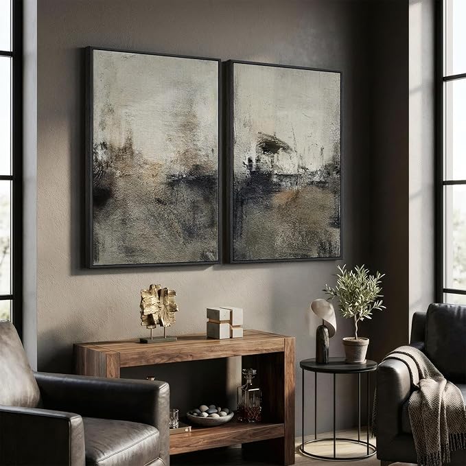 Large Framed Neutral Abstract Wall Art Set of 2