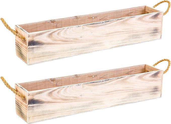 20" Rectangular Rustic Wood Planter with Handle and Plastic Liner l Rustic Whitewash l Country Style, Home and Wedding Decorations, Garden Ornaments (20x4 w Handle Set of 2, Whitewash)