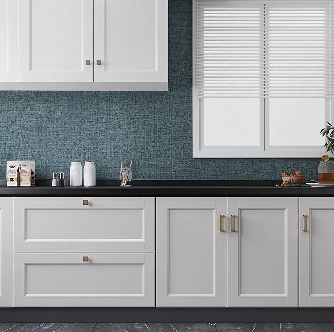 Guvana Grasscloth Peel and Stick Wallpaper Blue Textured Contact Paper Modern