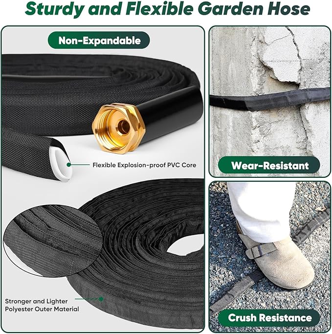 Garden Hose 50 ft, Non-Expanding Water Hose, Flexible Ultra-Light, Anti-Kink, Wear-Resistant, Easy Storage, Hose with 3/4 for Outdoor, Garden, Yard and Lawn
