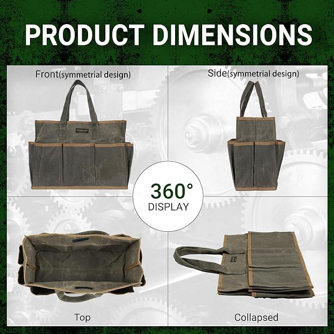Waxed Canvas Tool Bag Tote, 14 Inch Heavy Duty Tool Organizer with 10 External Pockets & 1 Large Compartment, Army Green