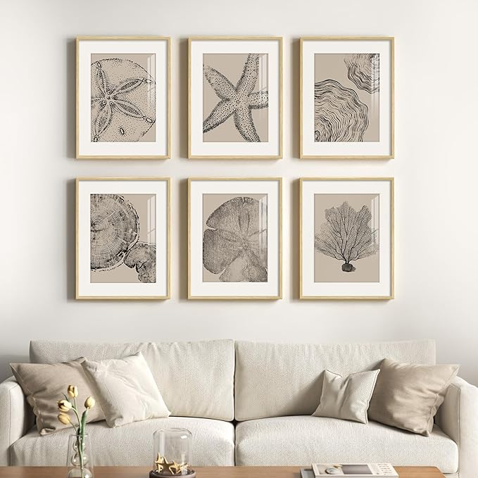 Framed Coastal Wall Art for Living Room, 6 Piece Neutral Black Beige Modern
