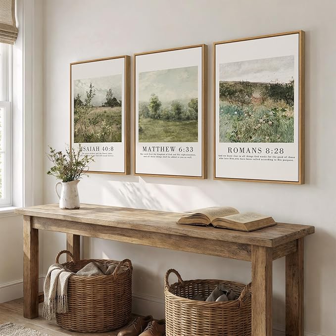 Framed Vintage Christian Wall Art Set of 3, Rustic Wildflower Landscape Bible