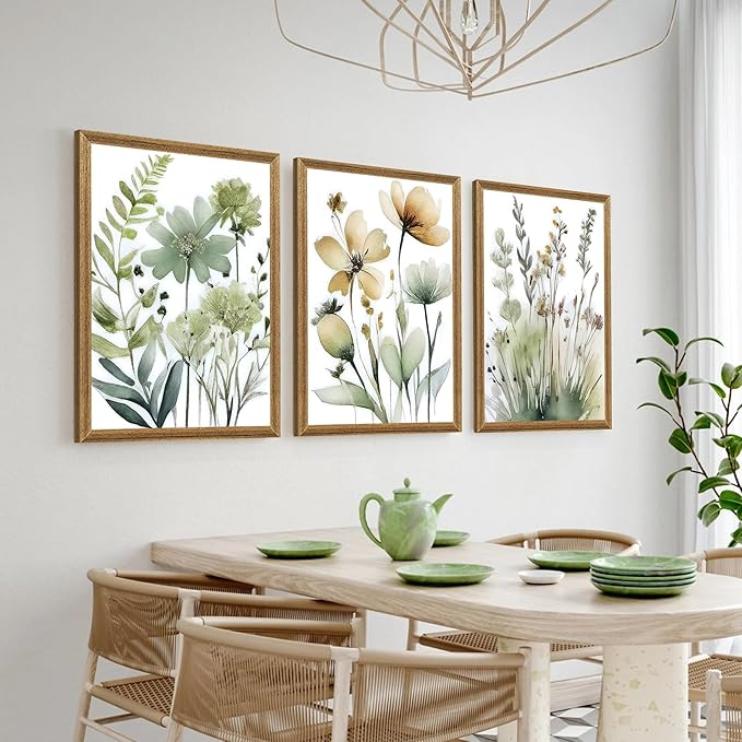 SYWENNOI 3 Pieces Wood Framed Green Botanical Canvas Wall Art, Boho Floral