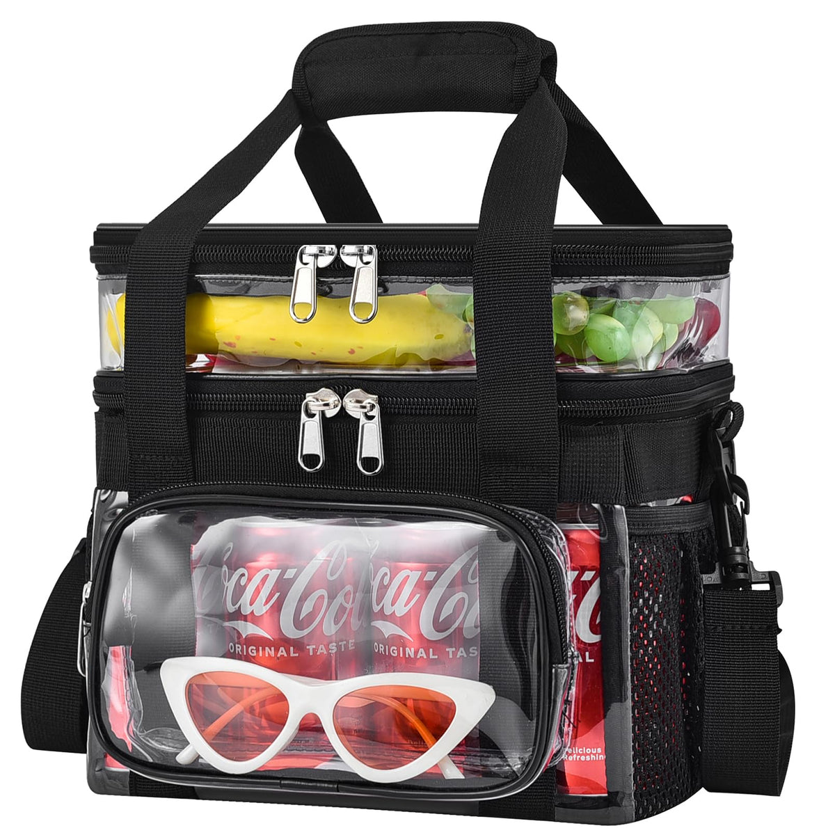 Jeluno Clear Lunch Bag - Large Clear Lunch Bag for Work Double-Deck Reusable Lunch Bag with Adjustable Strap, Front Pocket and Top Compartment for Picnic, Beach, Work, Schoolï¼2-3 People Useï¼