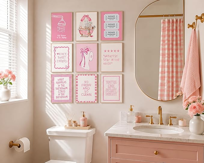 tgguytiy 9Pcs Pink Bow Bathroom Wall Art Prints, Coquette Bowknot Aesthetic