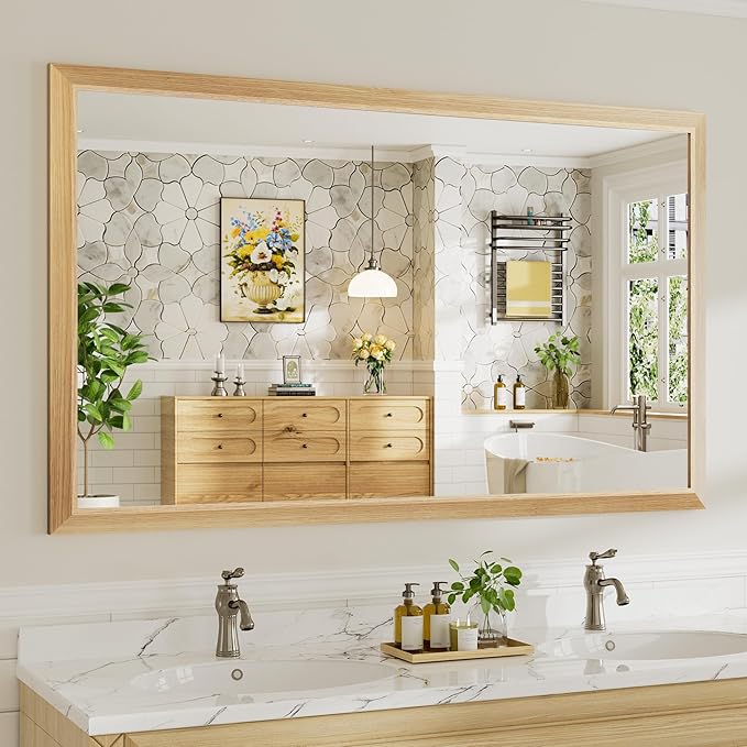 60x36 Inch Bathroom Mirror for Wall, Anti-Rust Oak Wood Grain Metal Framed