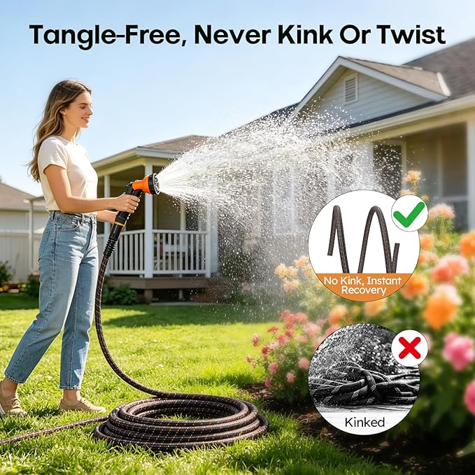 Garden Hose, 3/4" Flexible Water Hose Ultra Lightweight, Non-Expandable with 10 Function Nozzle, Kink-Free, Leak-Proof, 360° Swivel, Abrasion Resistant & Easy to Store for Yard Lawn, Outdoor (100ft)