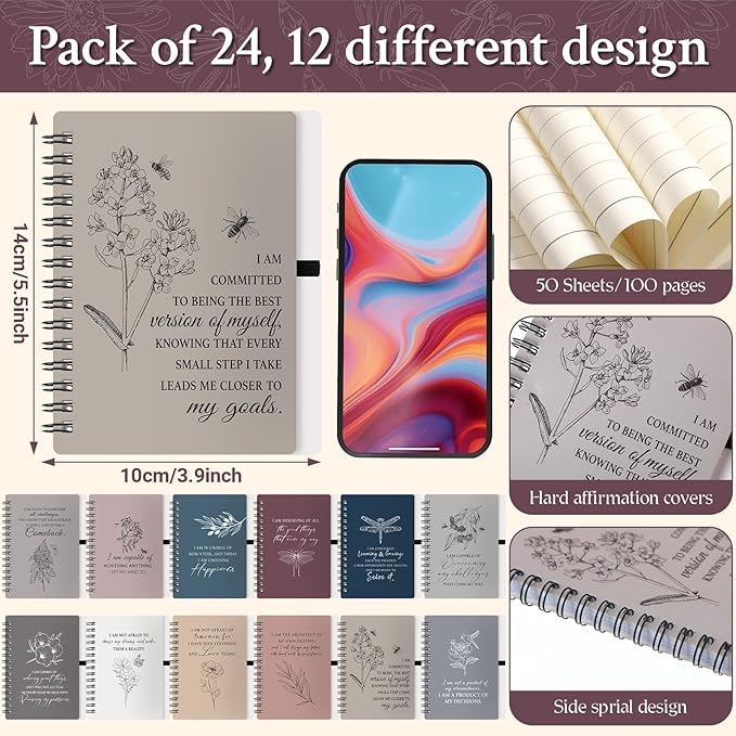 Kosiz 48 Pcs/24 Set Positive Affirmation Gifts Gratitude Spiral Notebooks with Pens Motivational Encouragement Notepads Daily Affirmations Journal for Women Valentine Galentine Gifts (Simple)