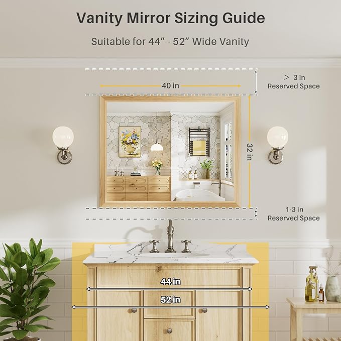 40x32 Inch Bathroom Mirror for Wall, Anti-Rust Oak Wood Grain Metal Framed