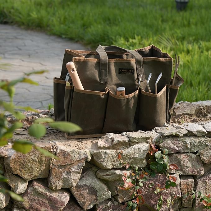 Waxed Canvas Tool Bag Tote, 14 Inch Heavy Duty Tool Organizer with 10 External Pockets & 1 Large Compartment, Army Green