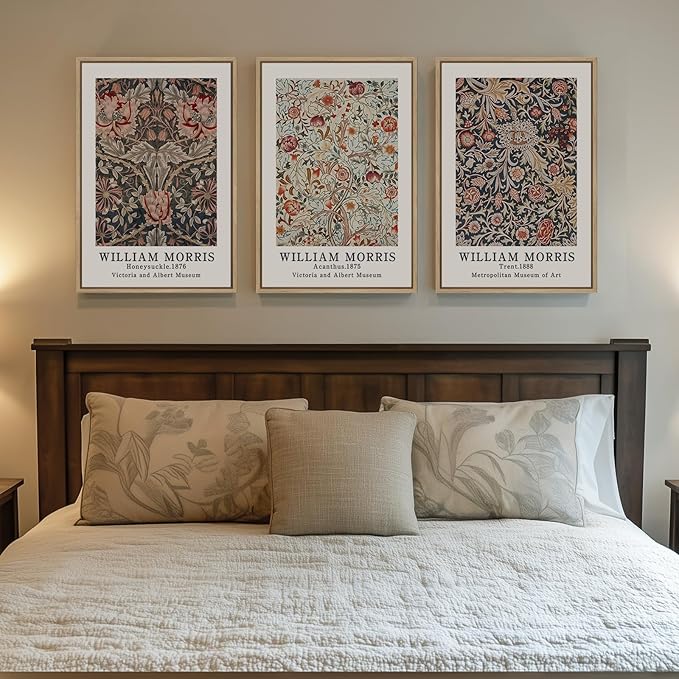 Framed William Morris Canvas Wall Art Set of 3, Vintage Boho Floral Paintings