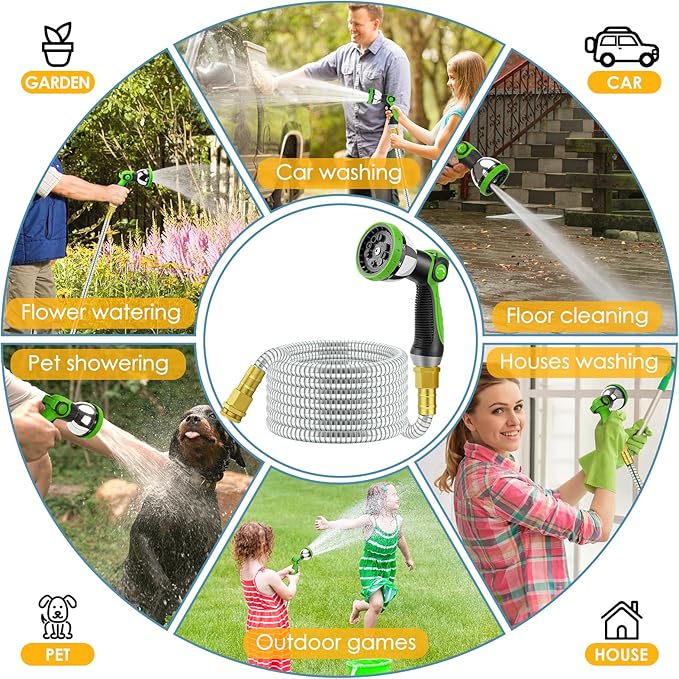 25 FT Stainless Steel Garden Hose with 10-Function Spray Nozzle, Kink-Free Flexible Metal Water Hose, Solid Brass 3/4'' Connectors, Heavy Duty, Durable, Leak-Proof, Lightweight, Tangle-Free