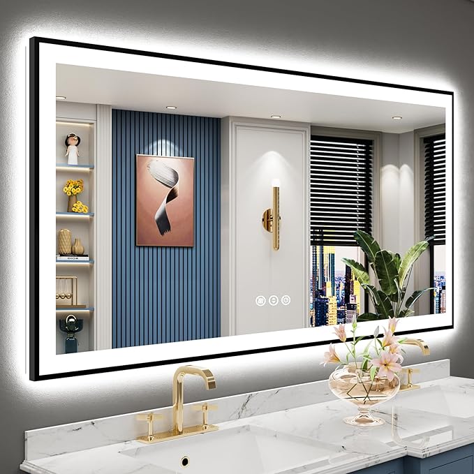 60x30 Black Framed LED Bathroom Mirror