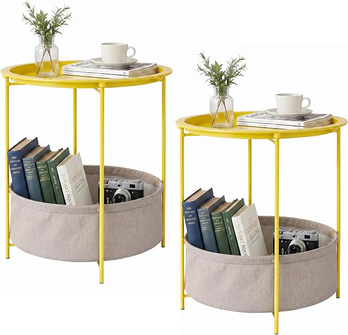 VECELO Round Side/End Table with Fabric Storage Basketï¼Metal Anti-Rust and Waterproof Small Bedside Nightstand with Removable Tray Top for Living Roomï¼Balcony & Laundryï¼Yellow /2pcs with Basket
