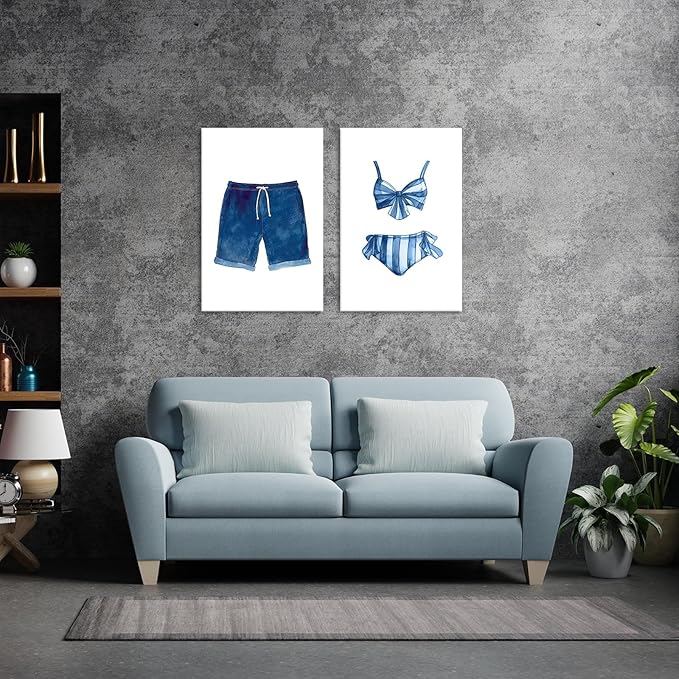 Liyark Set of 2 Retro Navy Blue And White Swimsuit Art Posters Beach Bathing