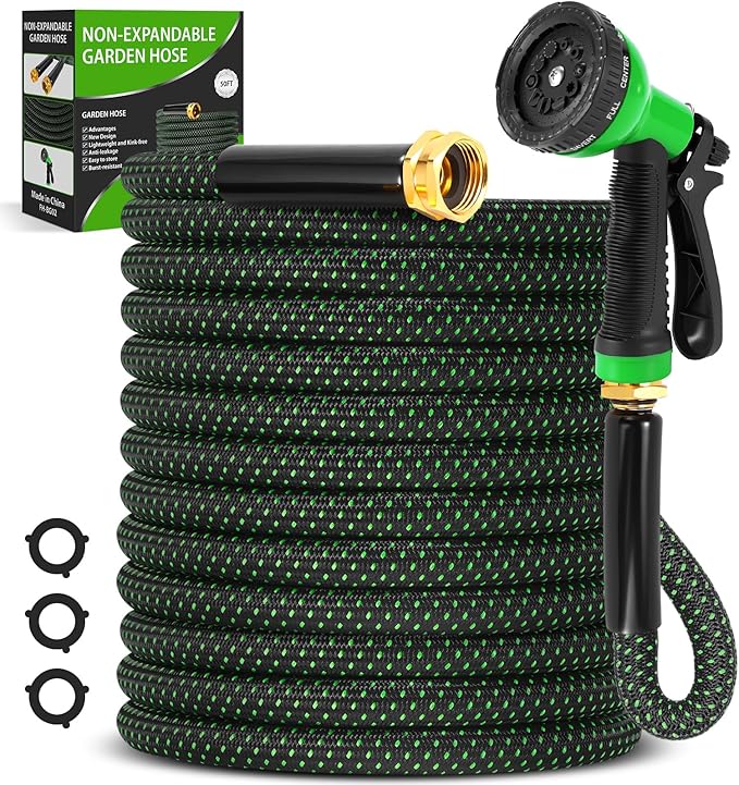 Garden Hose 50ft, Non-Expanding Water Hose with 10 Function Nozzle, Lightweight, Kink Free, Sturdy, Leak-Proof, Portable, Flexible Hose 50ft for Outdoor, Yard, Lawn, Car Wash and Camper Use