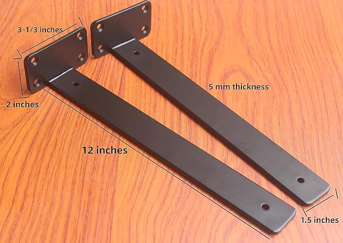 2 Pack - 12 inch Black Hidden L Shelf Bracket Iron Floating Shelf Brackets