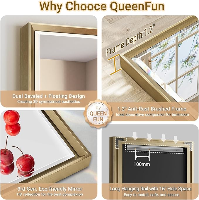 16''x 60'' Tall Brushed Gold Bathroom Mirror, Beveled Gold Frame Mirror