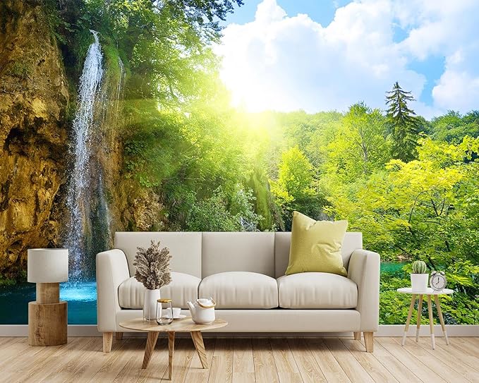 -Green Lake Waterfall Scenery Fabric Wallpaper Living Room Woodland Forest