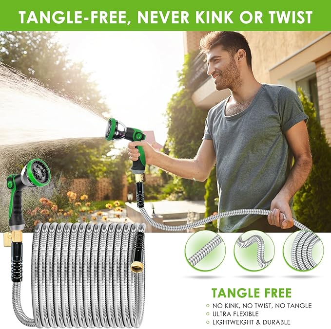 Stainless Steel Garden Hose 25 ft - 304 Stainless Steel Kink-Free Metal Water Hose with Shut-Off Valve & Hose Straps, Heavy Duty, Rust/Puncture Proof for Yard, Lawn and Car Washing, 25 Feet